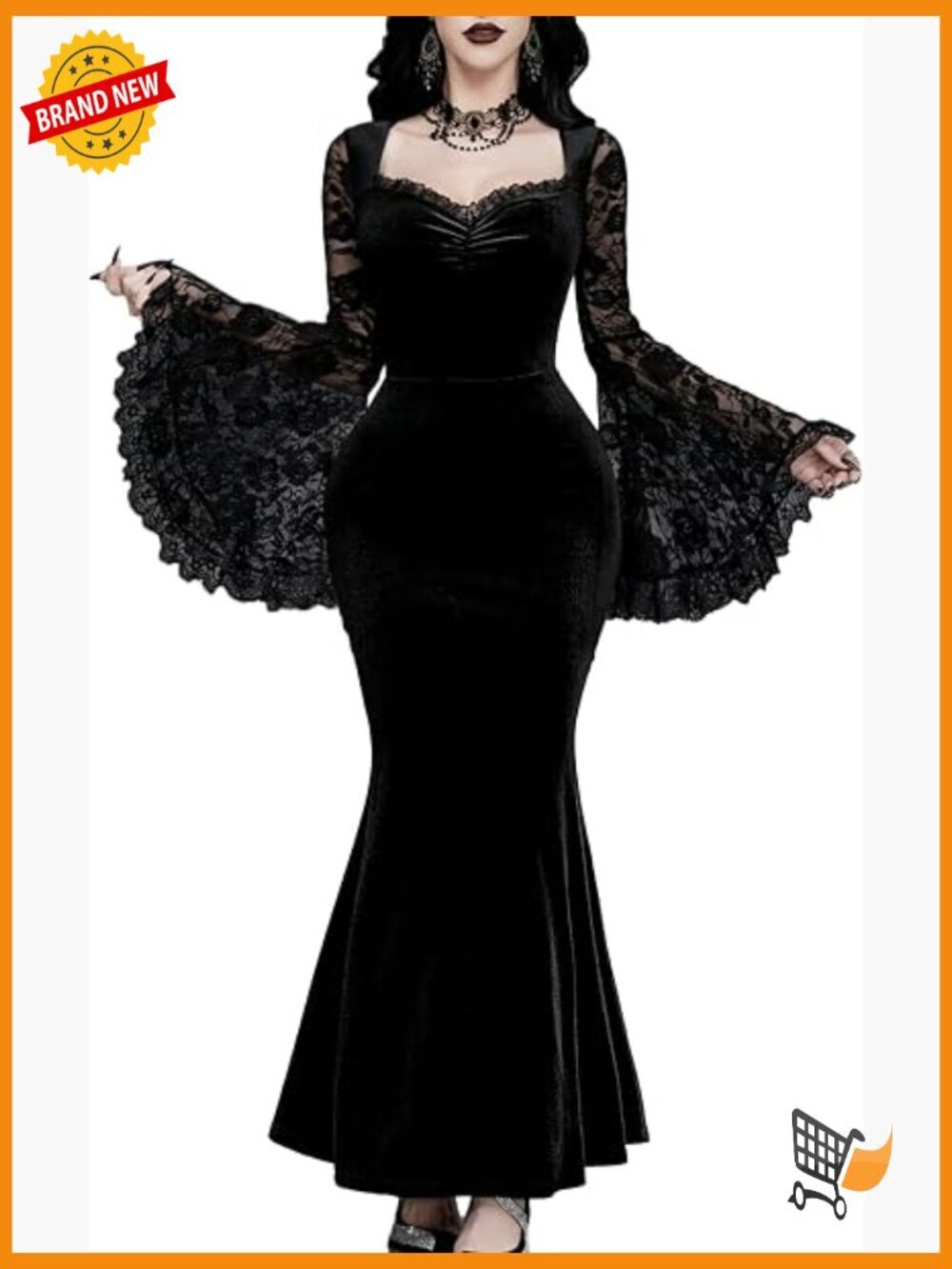 Gothic Lace Patchwork Velvet Fishtail Mermaid Dress Party Wear